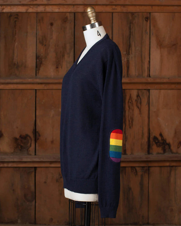 Alicia Adams Alpaca Rainbow Sweater for Women, pride gift, alpaca v neck sweater, alpaca sweater for women, navy blue rainbow alpaca sweater