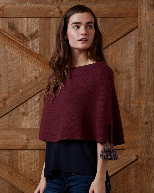 alicia adams alpaca renee poncho with pompoms, alpaca poncho for women, alpaca poncho, alpaca poncho womens, bordeaux alpaca poncho