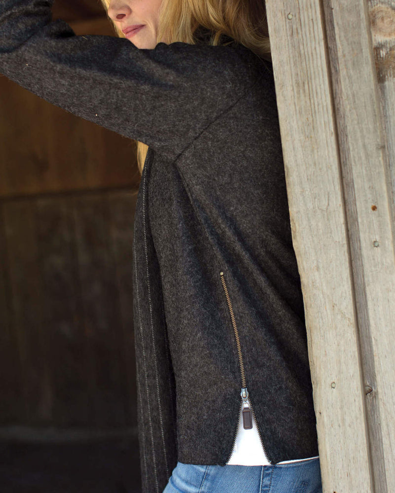 Alicia Adams Alpaca Verbier Side Zip, alpaca sweaters womens, alpaca clothing, baby alpaca sweater, alpaca vs cashmere, charcoal dark alpaca sweater