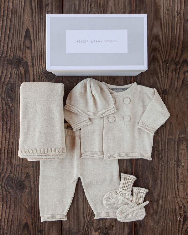 Alicia Adams Alpaca Cria Baby Set, alpaca gifts, alpaca baby clothes, alpaca hat, baby alpaca sweater, alpaca clothing, ivory alpaca baby clothing set