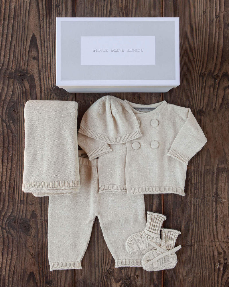 Alicia Adams Alpaca Cria Baby Set, alpaca gifts, alpaca baby clothes, alpaca hat, baby alpaca sweater, alpaca clothing, ivory alpaca baby clothing set