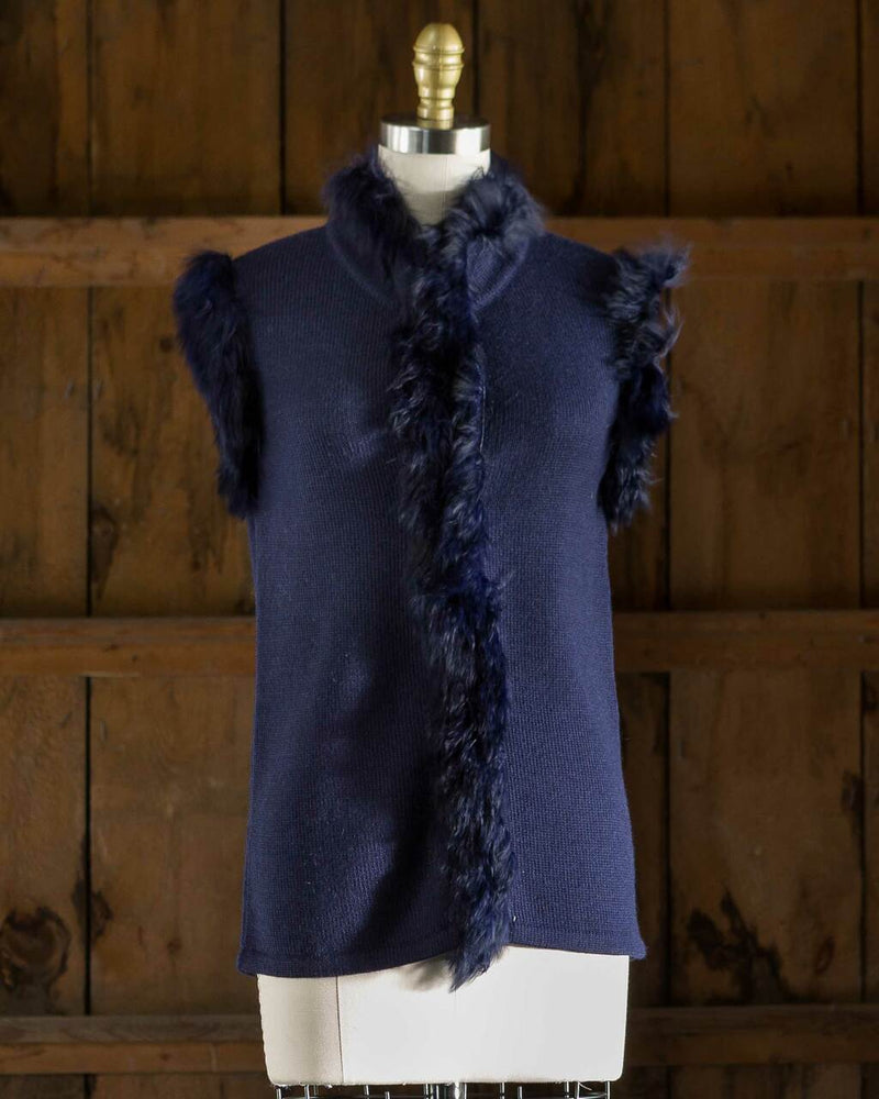 Alicia Adams Alpaca Fur Trimmed Vest, alpaca fur vest, 100 baby alpaca, alpaca sweater, alpaca sweaters womens, navy blue alpaca fur trimmed vest