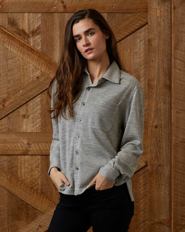Alicia Adams Alpaca Knit Shirt for Women, 100 baby alpaca womens shirt, alpaca top, alpaca blouse, alpaca shirt, pearl grey alpaca button down shirt
