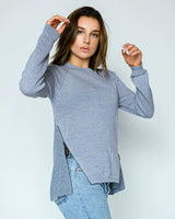 Alicia adams alpaca lea zip, womens alpaca zip sweater,alpaca sweater, womens alpaca long sleeved sweater, alpaca vs cashmere, chambray blue alpaca sweater
