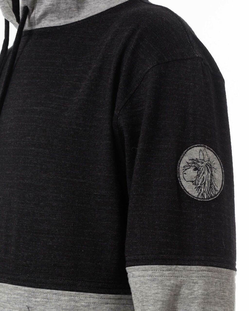alicia adams alpaca hoodie for men, alpaca men's clothing, alpaca sweatshirt, alpaca clothing, alpaca vs cashmere, grey and black alpaca sweatshirt