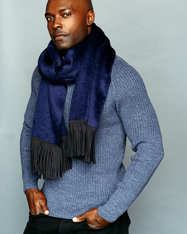 alicia adams alpaca suri wrap/scarf for men, mens alpaca scarf, alpaca wrap, all fair-trade made, alpaca vs cashmere, navy and black alpaca wrap