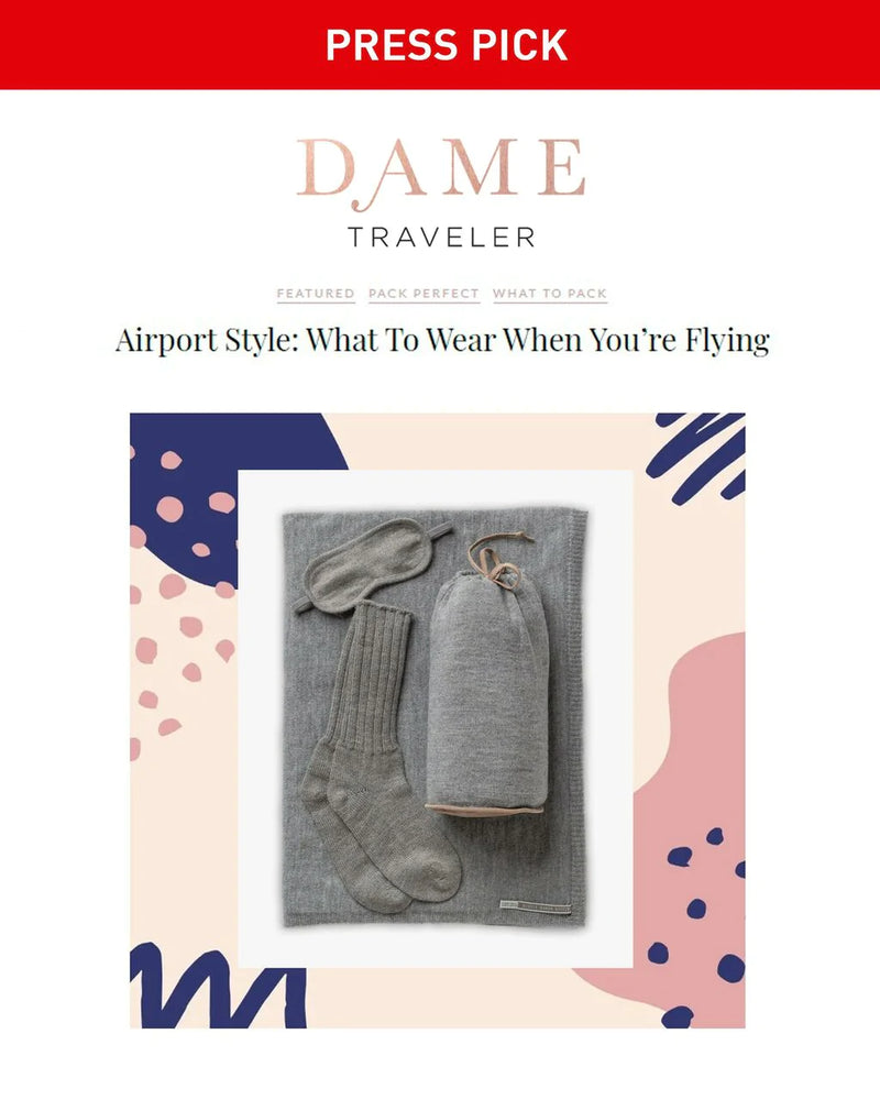 Alicia Adams Alpaca Globetrotter Travel Blanket Set, alpaca gifts, alpaca travel blanket, travel kit with blanket and eyemask, denim blue plane travel set, dame blog magazine