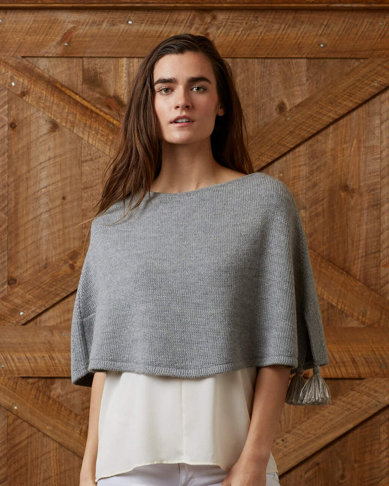 alicia adams alpaca renee poncho with pompoms, alpaca poncho for women, alpaca poncho, alpaca poncho womens, light grey alpaca poncho