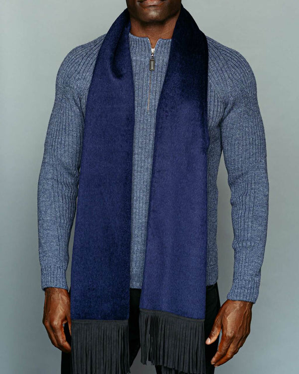 alicia adams alpaca suri wrap/scarf for men, mens alpaca scarf, alpaca wrap, all fair-trade made, alpaca vs cashmere, navy and black alpaca wrap