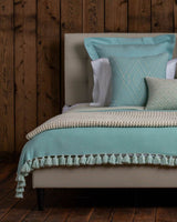 Alicia Adams Alpaca Sydney Blanket, pompom alpaca king bed blanket, alpaca throw blanket, 100 alpaca blanket, ivory and aqua alpaca blanket