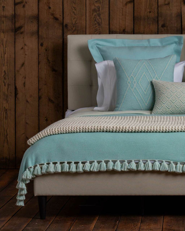 Alicia Adams Alpaca Sydney Blanket, pompom alpaca king bed blanket, alpaca throw blanket, 100 alpaca blanket, ivory and aqua alpaca blanket