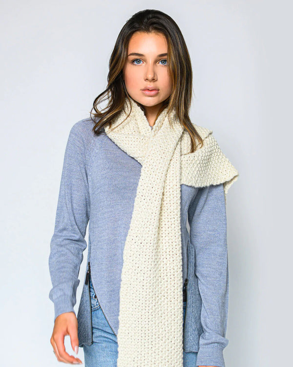 Alicia Adams Alpaca whistler scarf, womens alpaca scarf, knitted alpaca scarf, all fair-trade made in peru, alpaca vs cashmere, ivory alpaca scarf