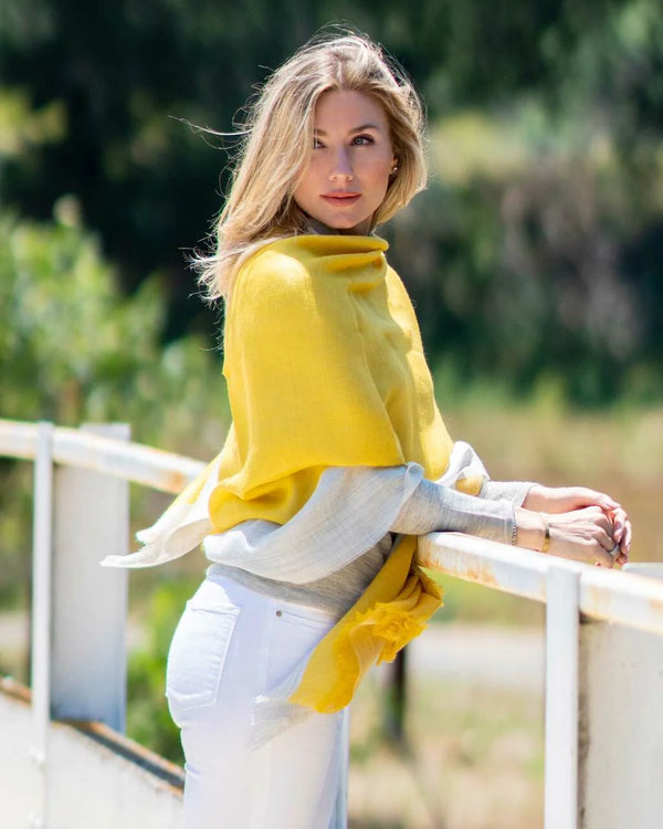 Alicia Adams Alpaca Alassio Wrap,  100 baby alpaca wrap, lightweight alpaca wrap, alpaca wrap, all fair-trade made, alpaca vs cashmere, light grey and yellow alpaca wrap
